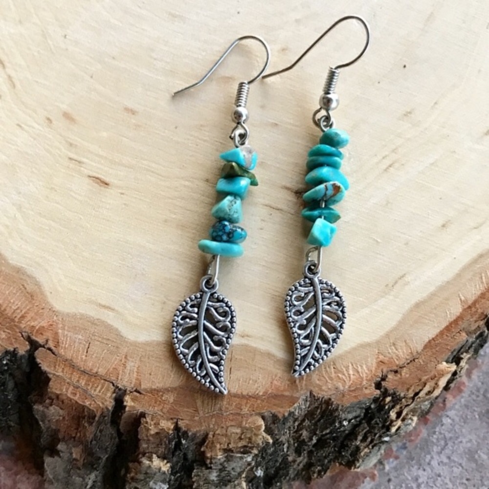 Genuine turquoise leaf dangly stainless steel boho gemstones earrings